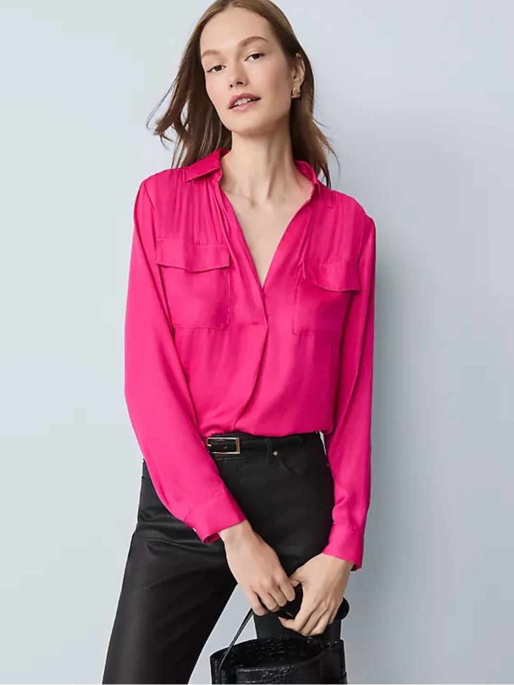 Ann Taylor Hot Pink Button-Front Utility Blouse